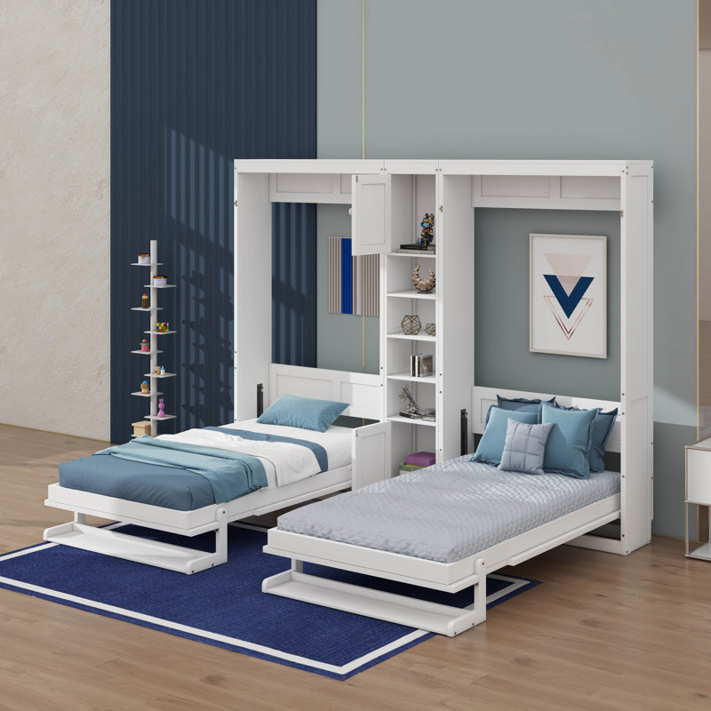 Twin-Size Dual Wall Murphy Beds Complemented With Cabinets And Storage Shelves, White