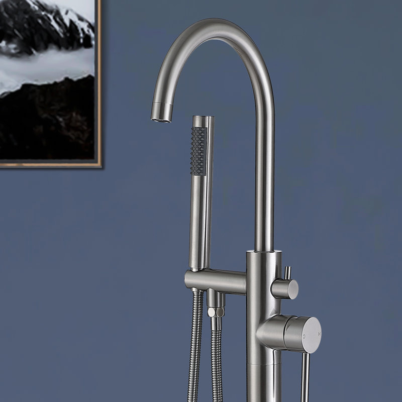 Double Handle Floor Mounted Tub Filler With Handshower, Brushed Nickel