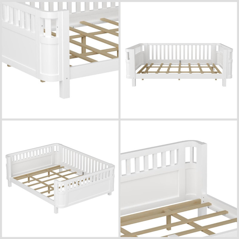 Élégant grand lit plateforme en bois blanc avec rails de sécurité pour enfants - conception discrète, durable et élégante