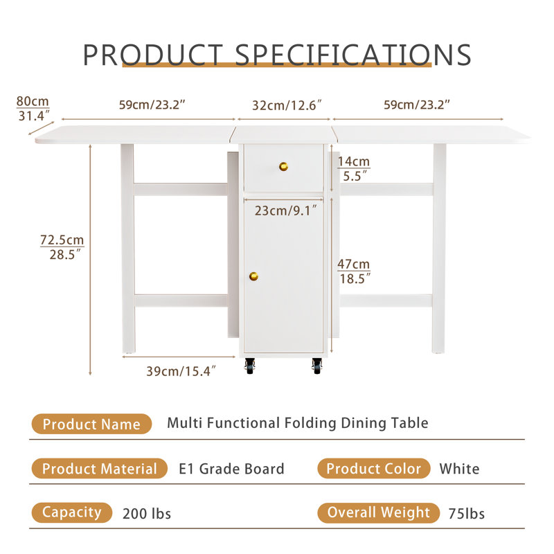 No Assembly Required, 59'' White Folding Dining Table For Small Space, Rectangular Wooden Extendable Drop Leaf Table With Lockable Wheels And Storage For Kitchen Dining Living Room