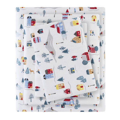 Twin Xl Printed Sheet In White Village Design, 100% Cotton Flannel For A Soft Touch, Comes With Flat Sheet, Fitted And Pillowcase, Fits 12" Mattresses, Machine Washable Featuring Print, Cozy