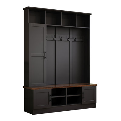 Versatile 3-In-1 Hall Tree With 6 Hooks, Farmhouse Walnut Storage Bench With Adjustable Shelves, 55"W Modern Entryway Coat Rack With Multiple Storage