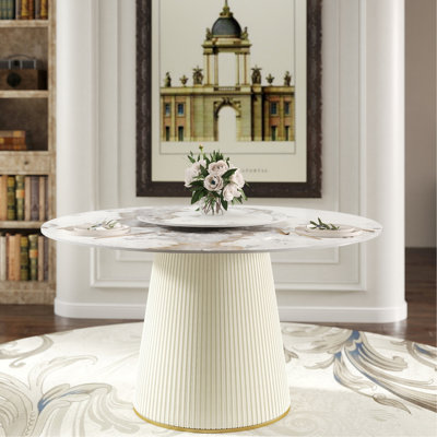 Table de salle à manger en pierre frittée blanche 54,36 "- base en contreplaqué beige pour 6 personnes, table tournante 23,62", Scratch, Flame, robuste et moderne pouvant accueillir 6 personnes, perméabilité à la chaleur et à l'eau basse, nettoyage facile