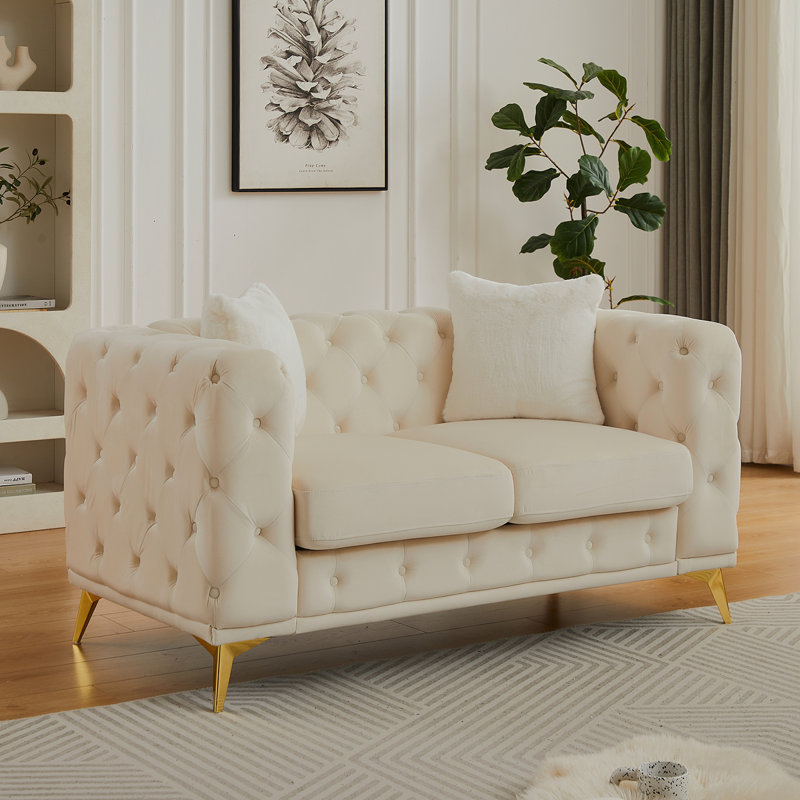 FX 61.25-Inch Modern Luxury Velvet Sofa With Chesterfield Quilted Button Accents, Includes 2 Pillows And Metal Legs, Beige