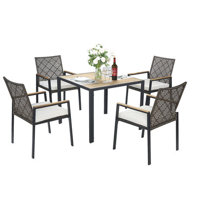 5-Piece Patio Dining Table Sets, Patio Conversation Set Acacia Wood Table Top With Umbrella Hole, Rattan Outdoor