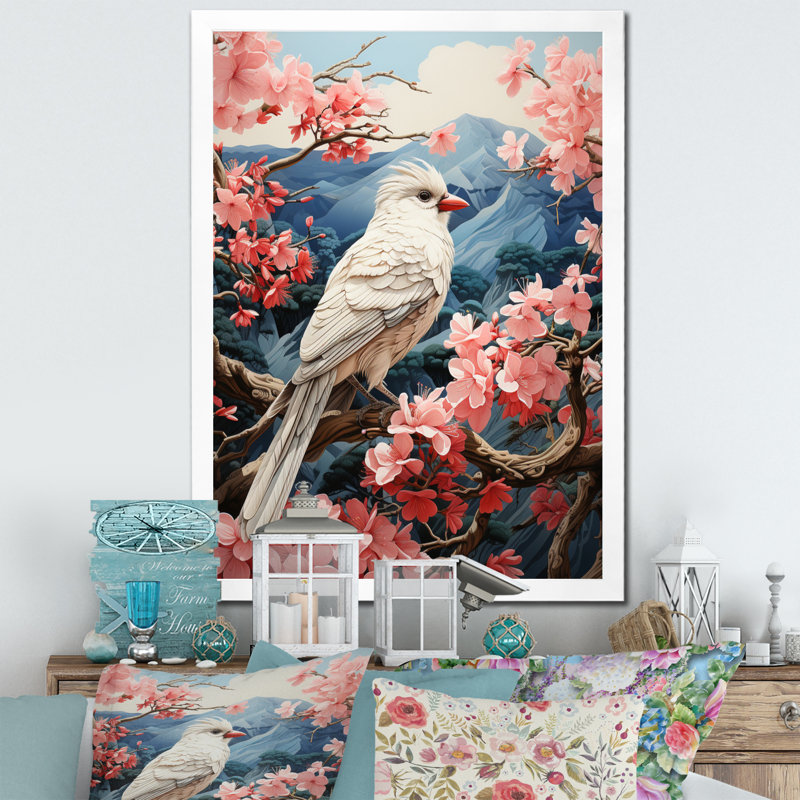 Décoration murale rose colombe ailée harmonie pastorale II - Animaux, Cadre photo blanc, H 44 po x l 34 po x P 1,5 po