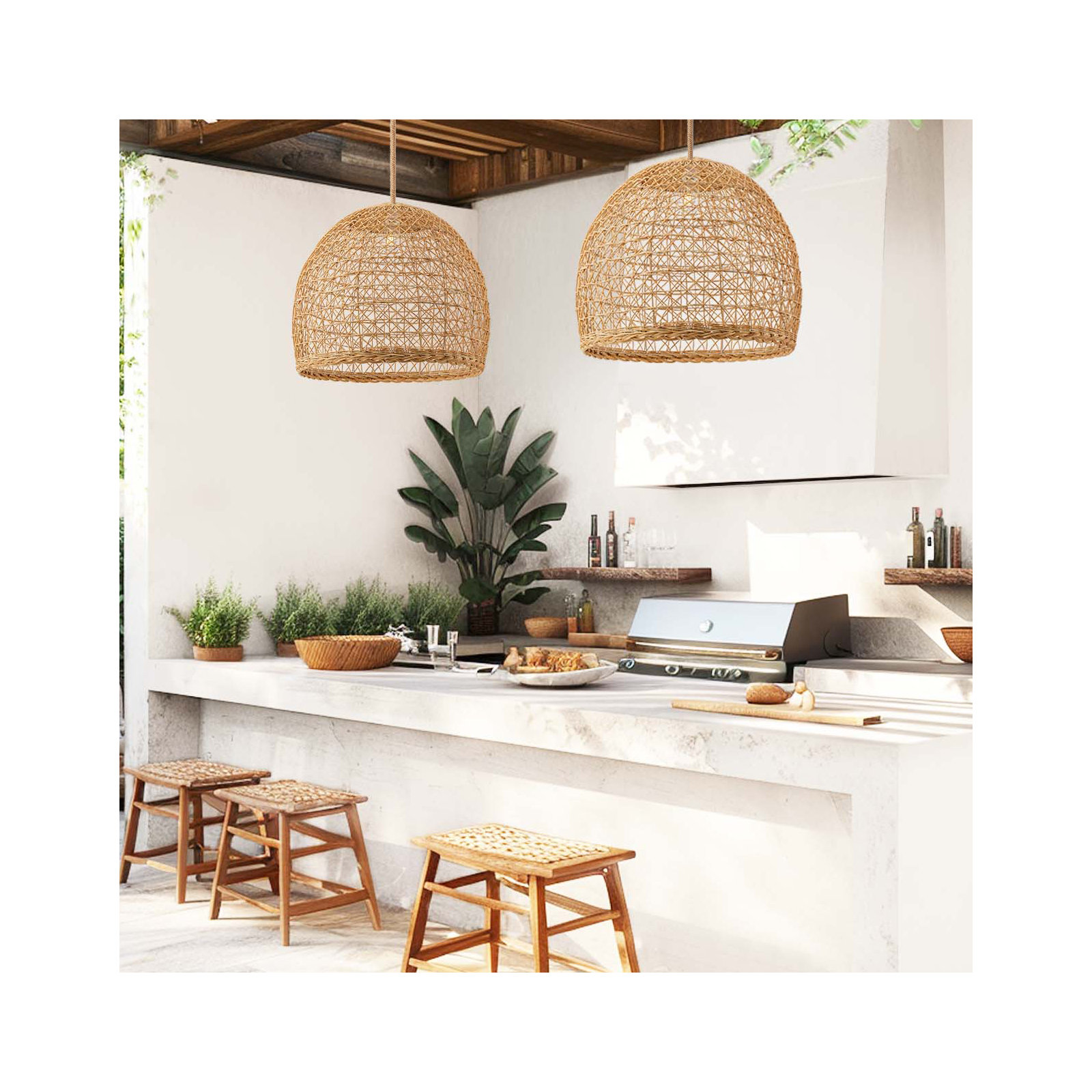 Outdoor Lumiere Dome Rattan Pendant Light, 16" H x 18" W x 18" D