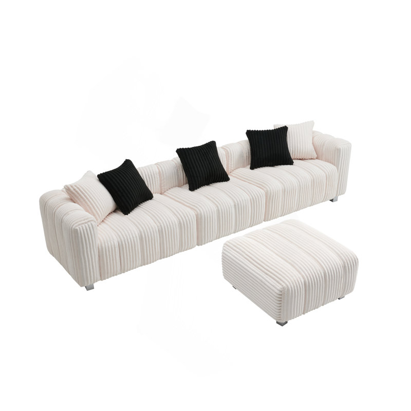 Canapé en velours côtelé avec repose-pieds et coussins Défino, 24.41" H x 114.17" W x 64" D, Blanc lait