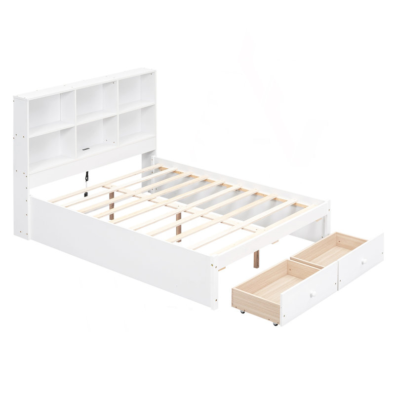 Lit plateforme double avec tête de lit à rangement