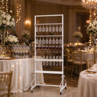 5-Tier Champagne Glass Display Rack Freestanding Iron Wine Glass Holder with Lockable Casters Holds 40 Glasses for Wedding Banquet Party