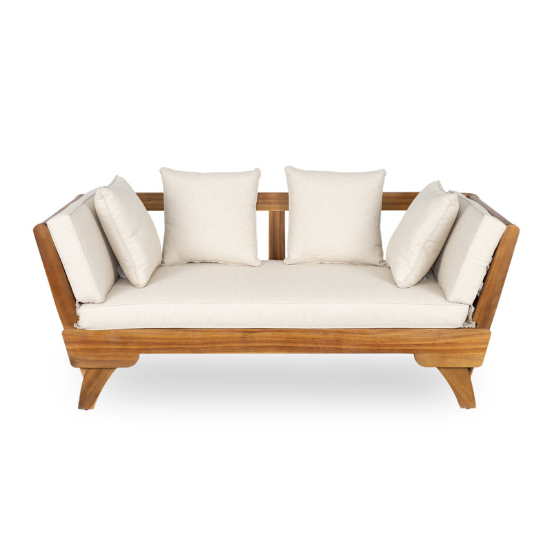Canapé d'extérieur d'extérieur pour lit de jour, canapé 3 places avec accoudoirs pliables et 4 coussins de dossier, coussin amovible en teck et structure en bois d'acacia beige