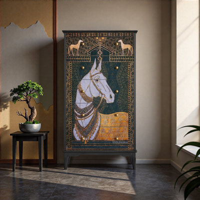 Chinese Style War Horse Painted Solid Wood Cabinet