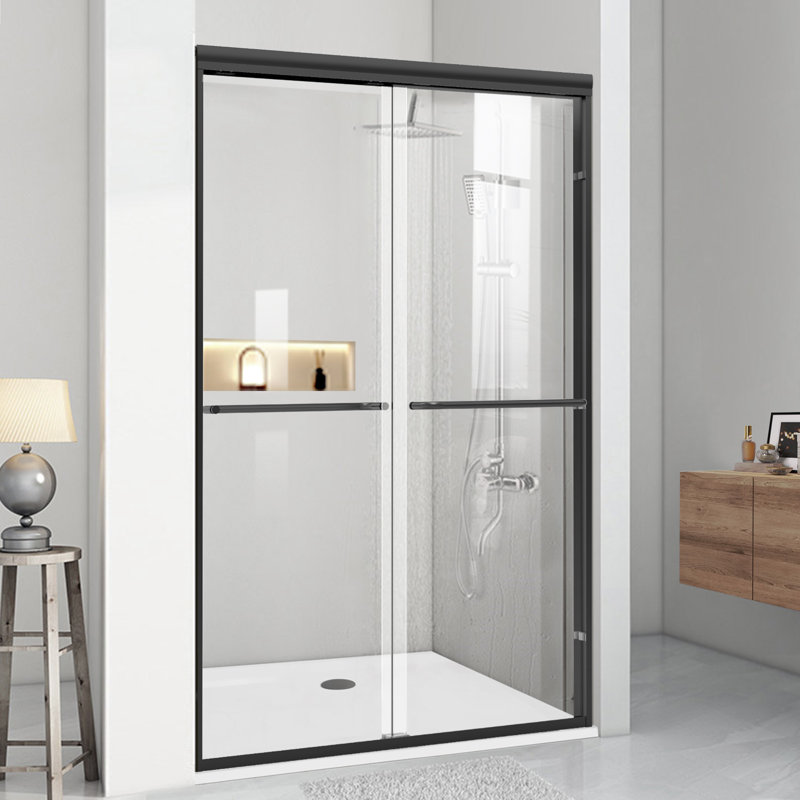 60" W X 72" H Double Sliding Framed Shower Door with Nano-Coating and Towel Bar, Matte Black