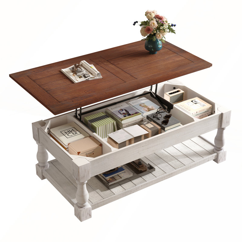 Table basse à plateau relevable rétro avec compartiment caché et tablette inférieure, fini espresso et blanc vieilli pour le salon