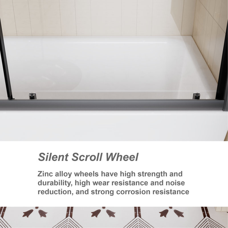 60 In W X 62 H Clear Tempered Glass Single Sliding Shower Door, Black Aluminum, Stainless Steel Handle, Silent Operation, Adjustable Width Design Bathtub 1/5 Inch Thick Glass, Frame, Smooth Slide
