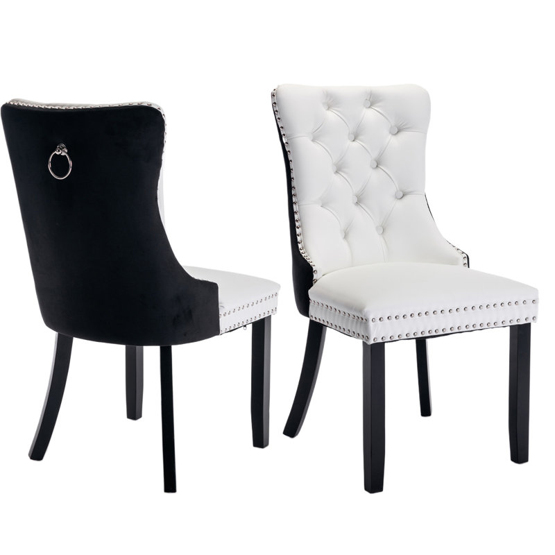 Chaise de salle à manger en velours avec anneau à dossier et pieds en bois massif, 2, Noir / blanc, Noir