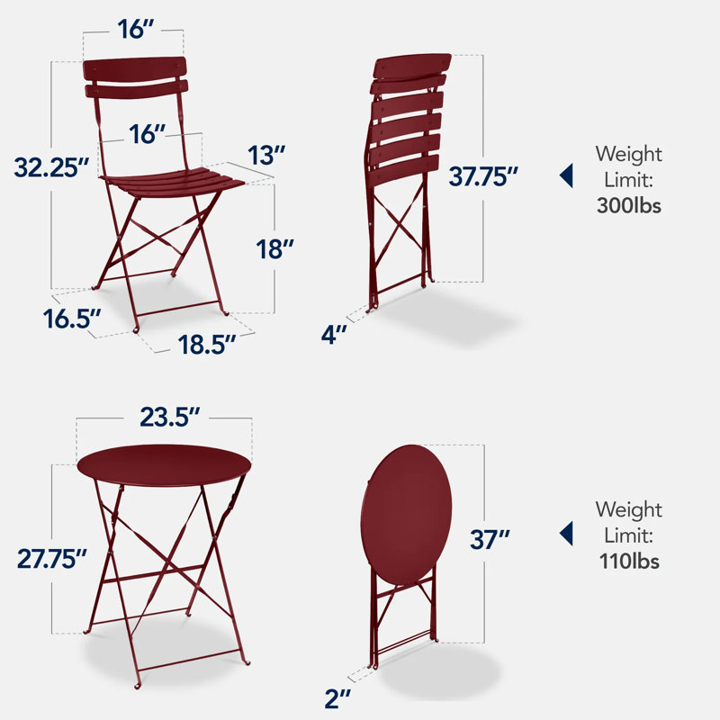 Folding Patio Bistro Set, Burgundy