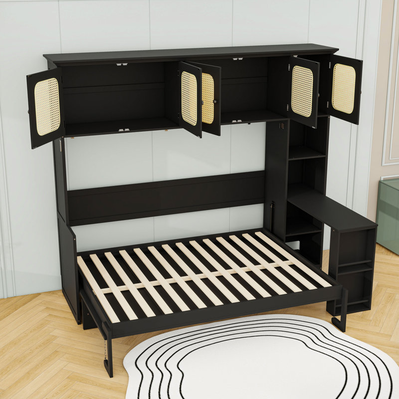 Lit escamotable double en bois avec bureau intégré et armoires, Black