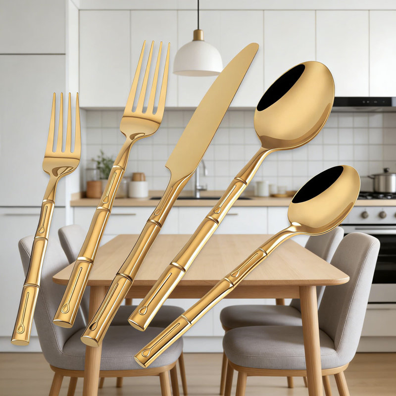 Ensemble de couverts 20 pièces en acier inoxydable avec poignée à motif en bambou doré, service pour 4, titane renforcé pour plus de durabilité, ensemble de couverts allant au lave-vaisselle