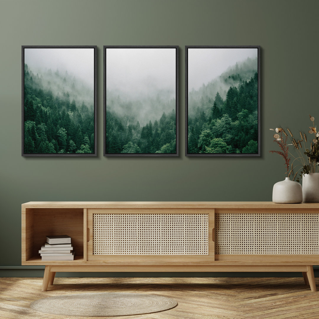Misty Forest Landscape Vibrant Green Mountain Nature Pictures Framed Canvas 3 Pieces Print Wall Art IDEA4WALL 
