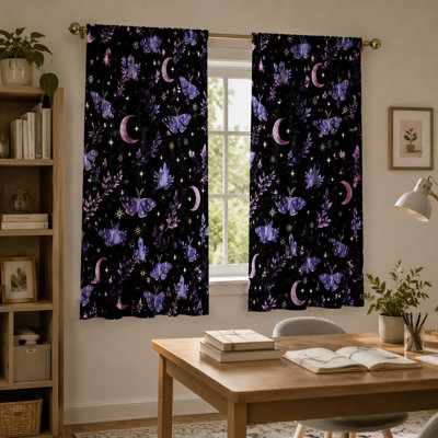 2Pcs Celestial Moth Butterfly Moon Crystal Black Curtains, Gothic Witchy Mystical Boho Wall Decor Light Filtering Window Drapes For Bedroom Living Kitchen
