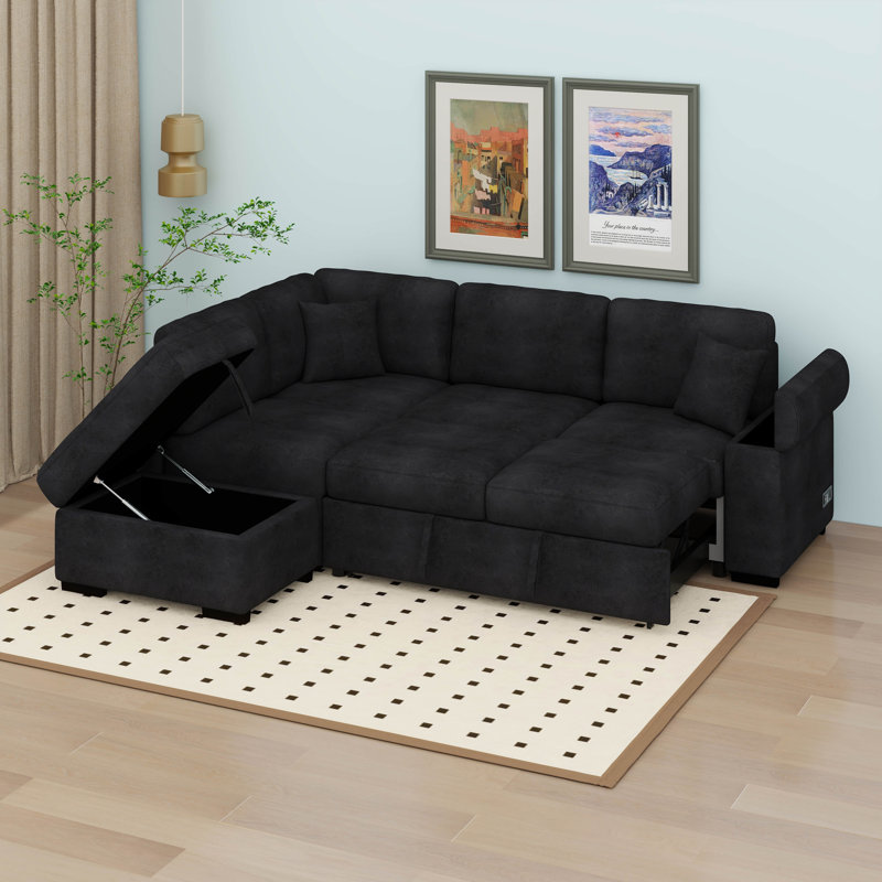 Canapé-lit modulaire avec canapé-lit d'angle en forme de L avec repose-pieds avec rangement et accoudoirs cachés, Noir