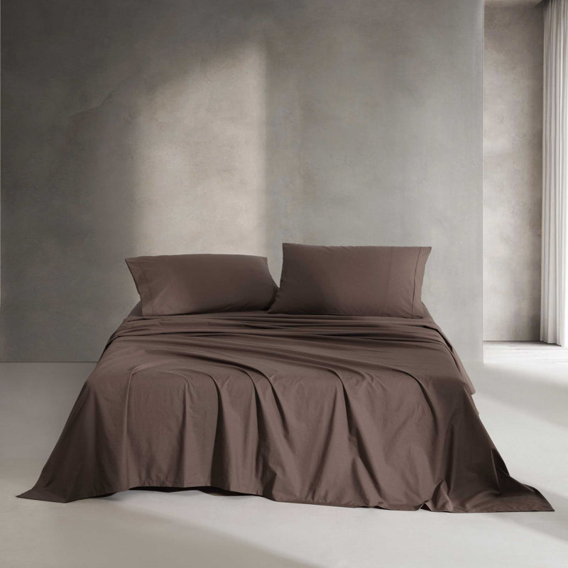 Calvin Klein Washed Cotton Percale Sheet Set, Queen Sheet Set with 2 Pillowcases, Earth Brown