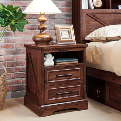 Wood 2 - Drawers Nightstand, Rustic End Table With Charging Station