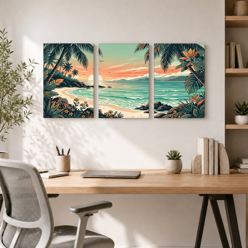 "Tropical Beach Sunset" avec palmiers et océan, ensemble de 3 toiles, 18"H x 12"W x 3pcs