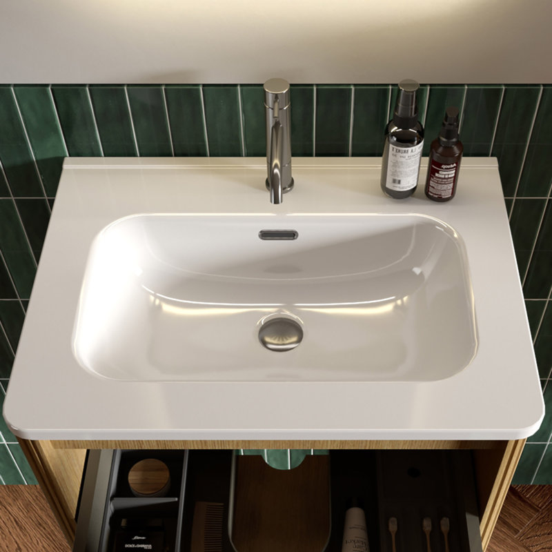 Lavabo intégré en céramique blanche brillante, drain et robinet non inclus
