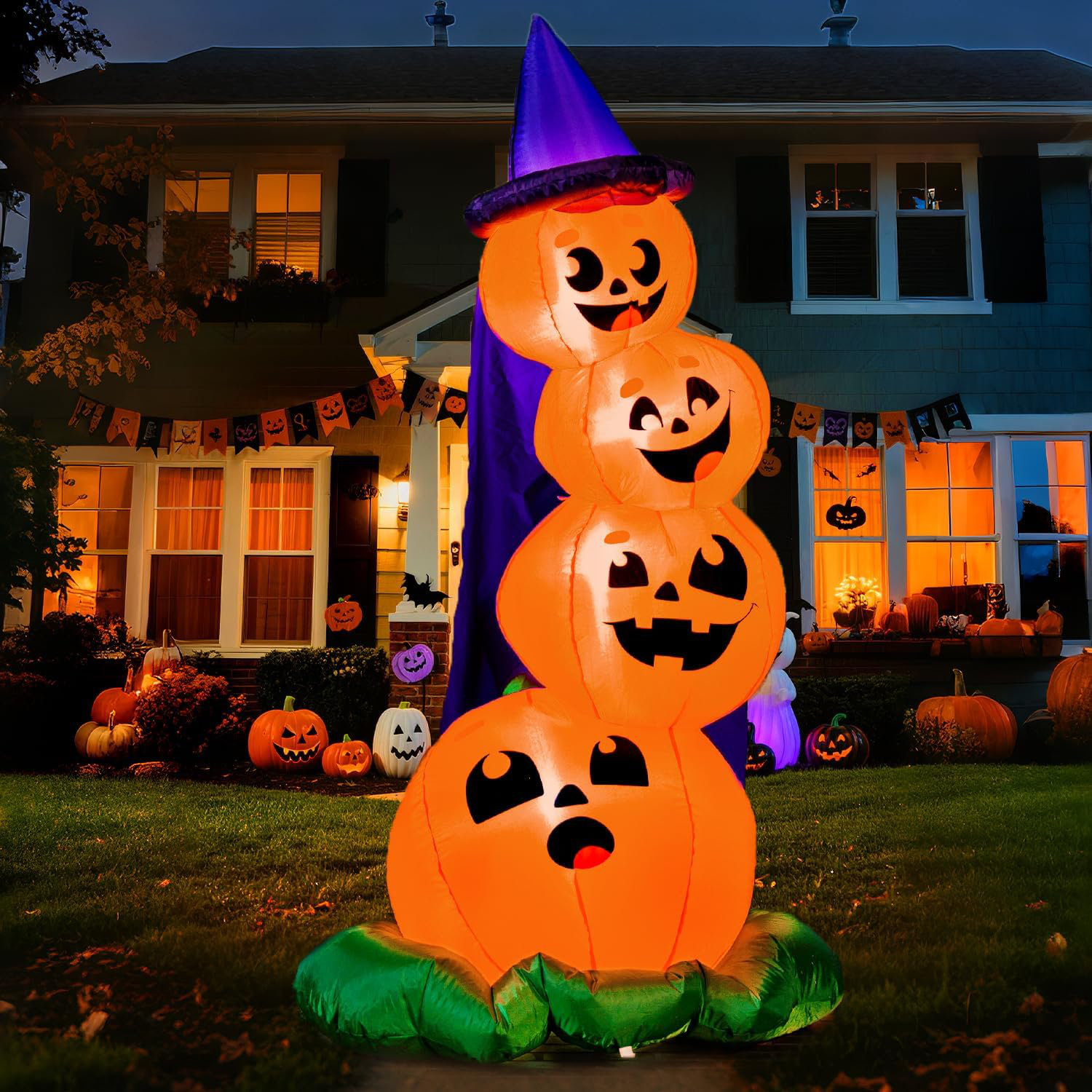 TIFONE 6 Ft Halloween Inflatable Outdoor Stacked Pumpkins with Witch ...