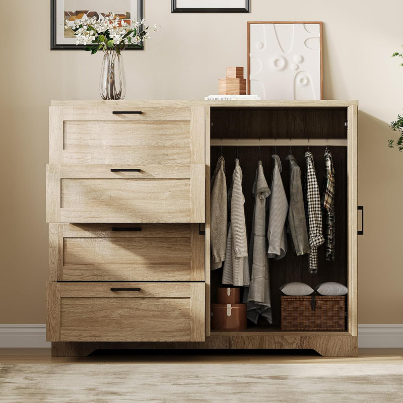 Armoire penderie en chêne naturel avec 4 tiroirs et tringle, 43,3 po