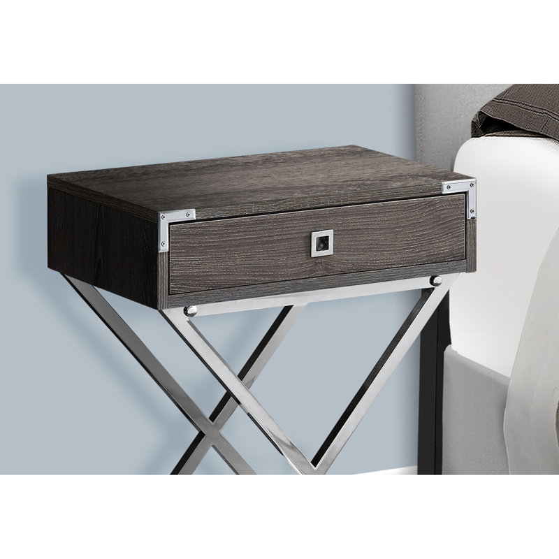 Table de chevet contemporaine avec surface taupe foncé et base en métal avec tiroir