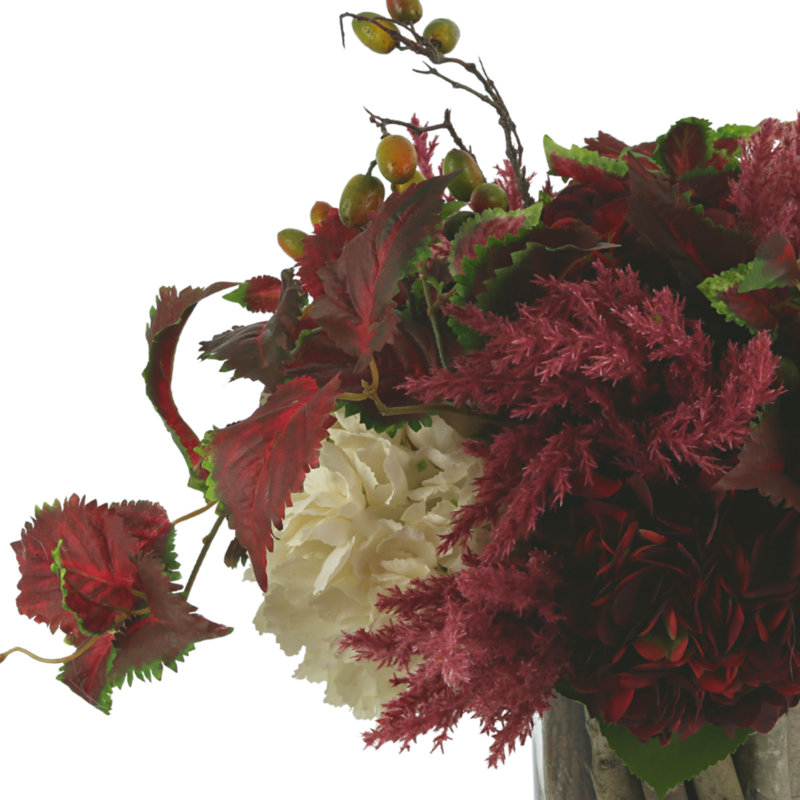 Hydrangea , Berries And Pampas Arrangement With Birch In A Glass Vase