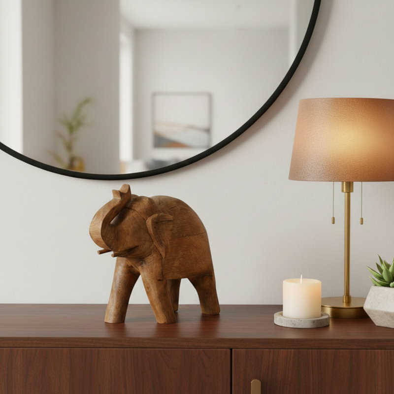 Figurine d'éléphant en bois de manguier exquise fabriquée à la main en brun naturel, parfaite pour la décoration intérieure