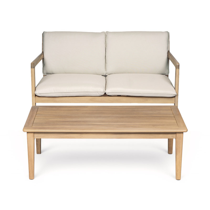 Causeuse d'extérieur en bois d'acacia avec table basse, structure en teck clair, coussin beige