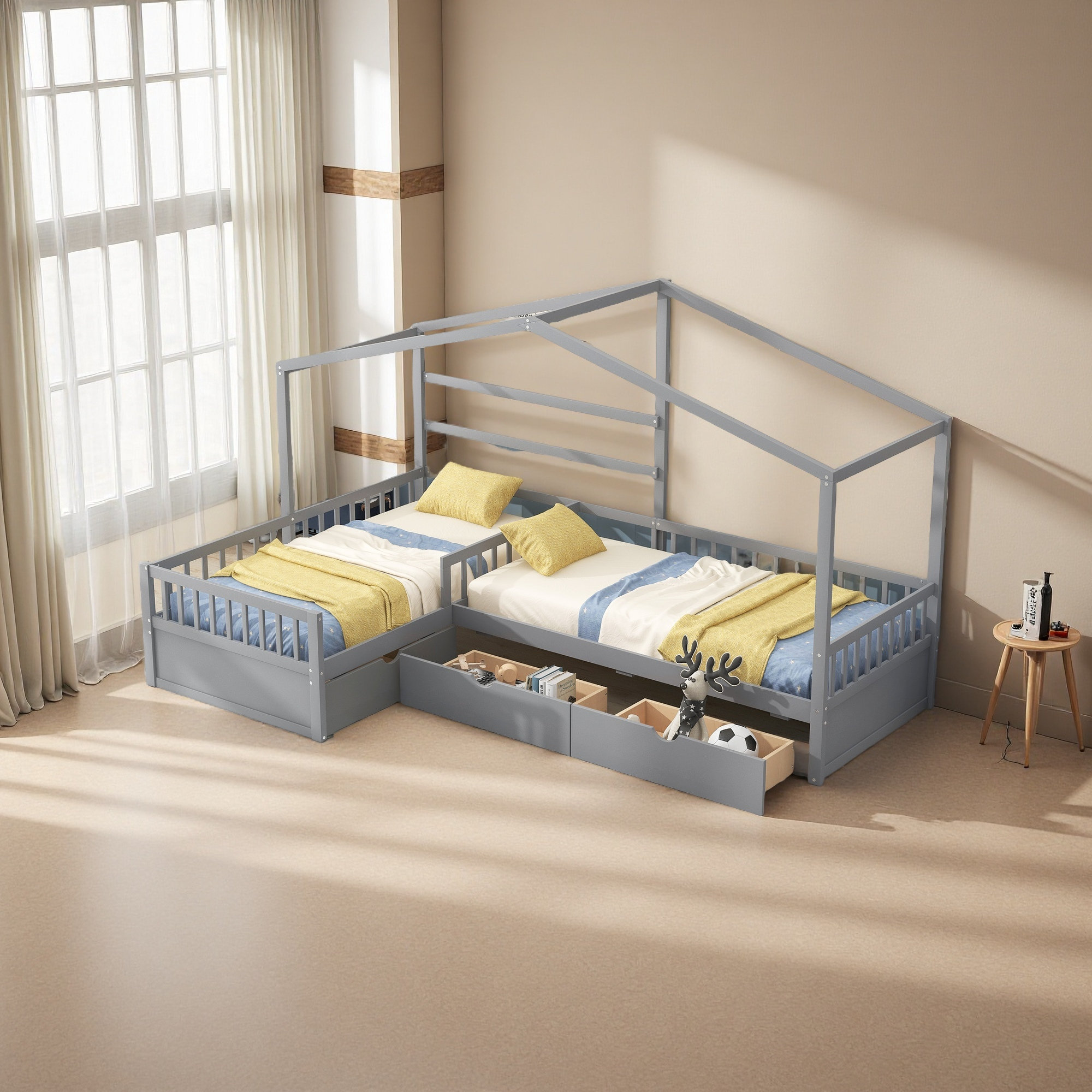 Twin Size House Platform Bed with Storage Drawers - Gray main image 1