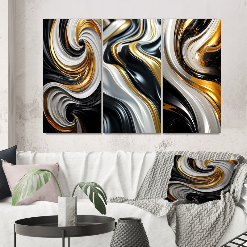 Liquide or noir et blanc tourbillonnant dimension - spirales abstraites ensemble d'art de 3 pièces, Toile tendue