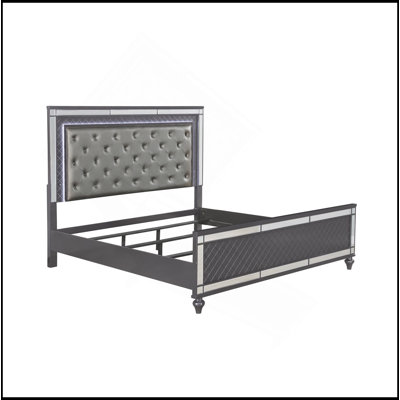 Modern Glam Style Upholstered Headboard Button Tufting Glass Inlay 1Pc Panel LED Lights Bed Gray Finish Solid Wood Wooden Bedroom Furniture