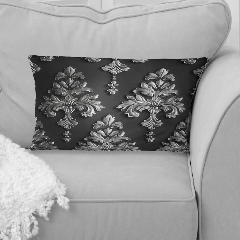 Black Silver Damask Print Glamour III - Traditional Lumbar Pillow