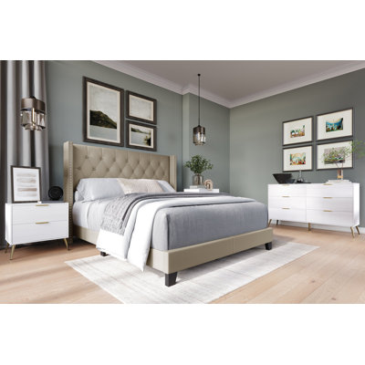 Castle Place Wingback Bed Set with Two Nightstands and Dresser, Gold PU