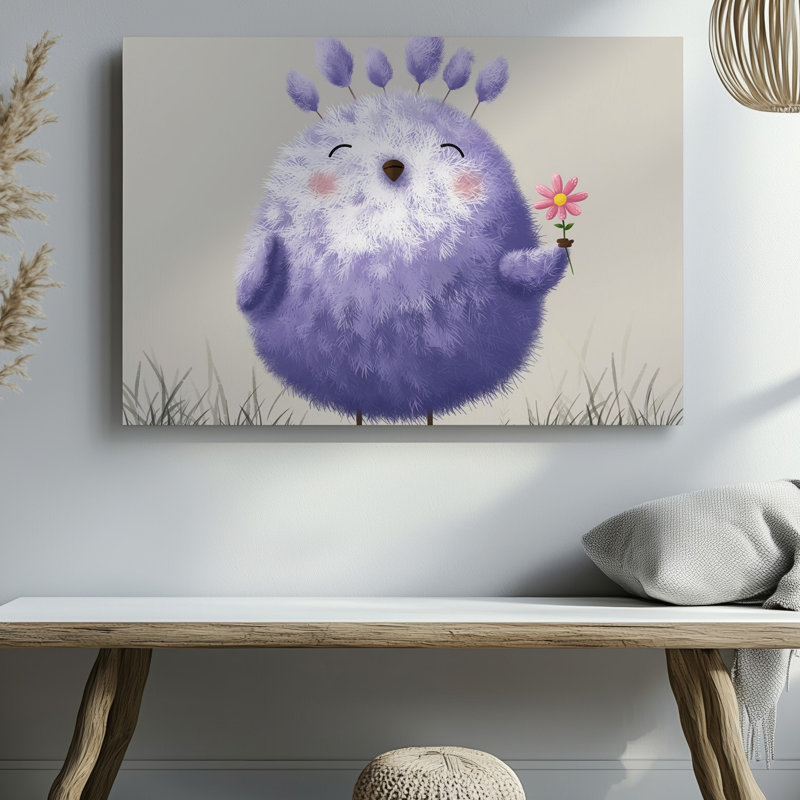 "Toile", création d'une illustration fantaisiste d'un mignon oiseau duveteux debout, avec un corps rond recouvert d'une toile pastel douce