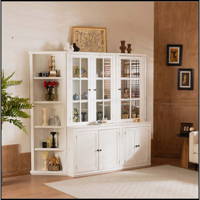 Armoire de présentation de 75,25 po de hauteur et deux tablettes triangulaires à côtés, combinaison murale rétro-moderne de 92,9 po de largeur avec portes en verre pour un rangement et une présentation élégants - blanc