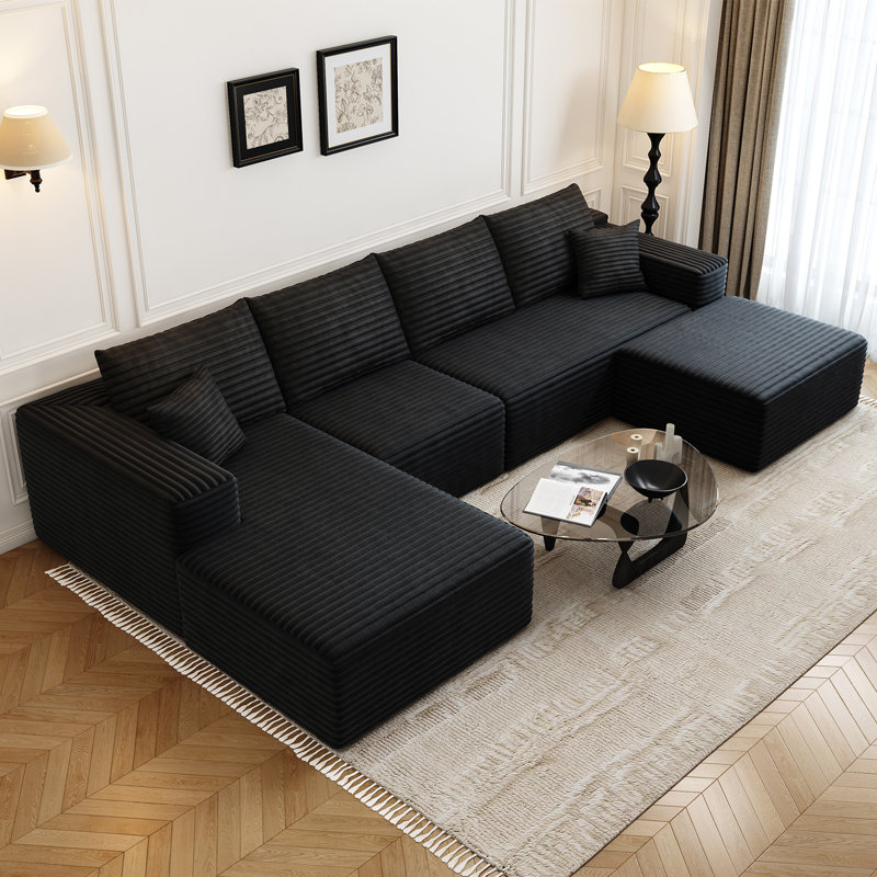 Canapé modulaire Simonsen Boneless, Tissu velours côtelé noir, Face à la gauche