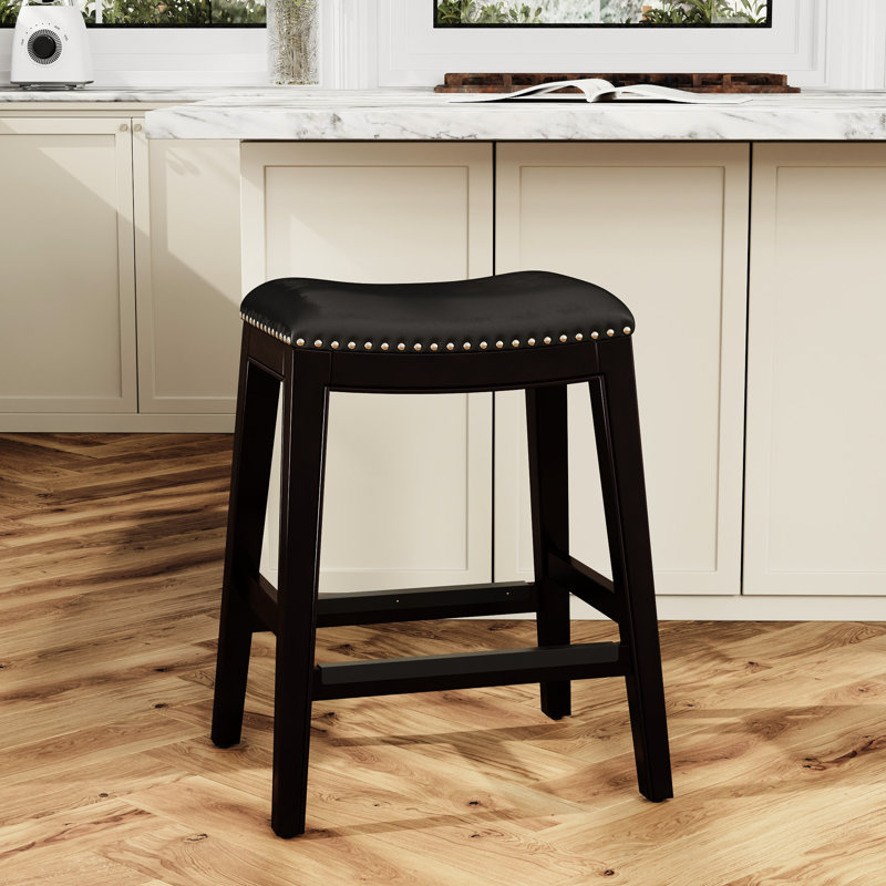 Tabouret de comptoir 24 po en cuir noir - Design avec siège, Black, Black