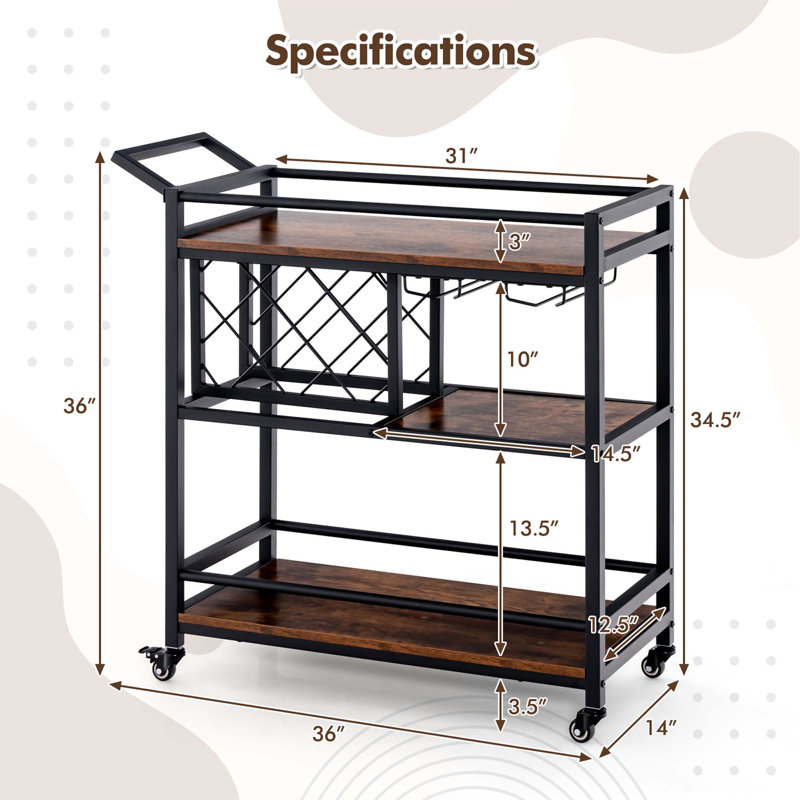 Aslee Metal Bar Cart, Rustic Brown
