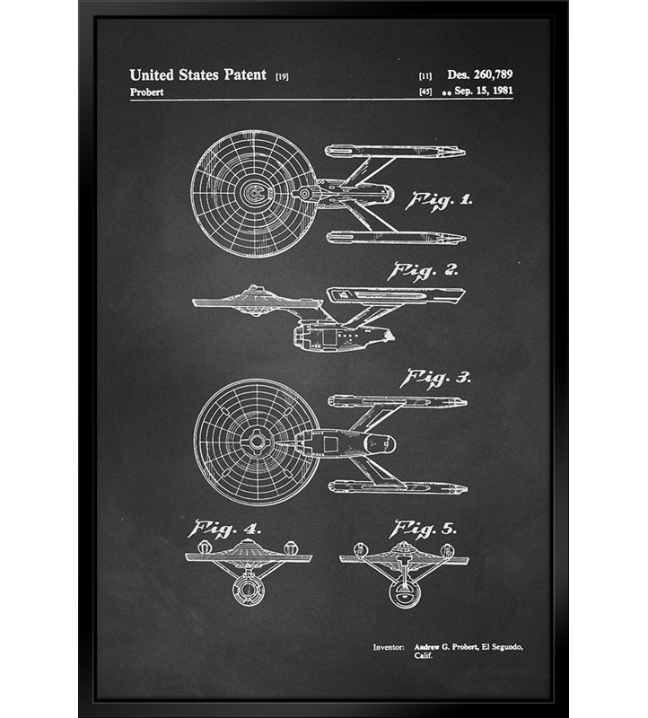 Star Trek Ship - Tableau noir - Cadre flottant, impression sur toile, L 11 po x H 14 po