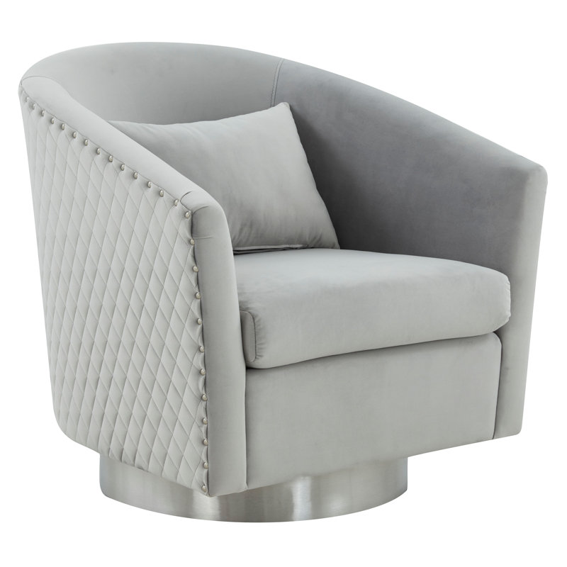 Skye Upholstered Swivel Barrel Chair, Light Gray Velvet, Silver