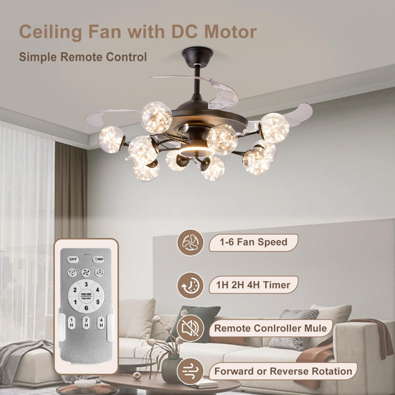 Modern 10-Light Chandelier with Fan Black Fandelier with Remote for Living