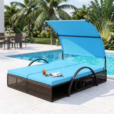 Outdoor Steel Frame Double Sun Lounger – 5-position Adjustable Reclining Patio Daybed With Curved Canopy & Hidden Side Table For Poolside, Deck Or Garden